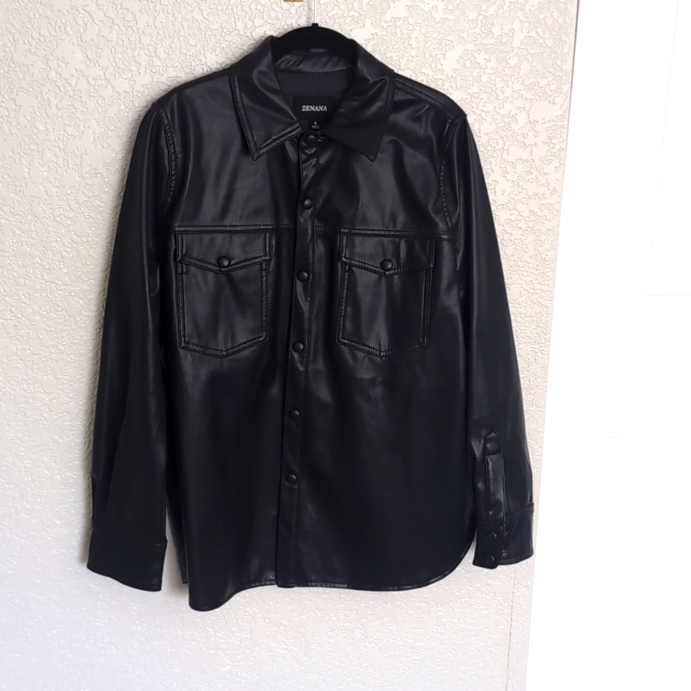 Faux-Leather Button Down Shirt, Black